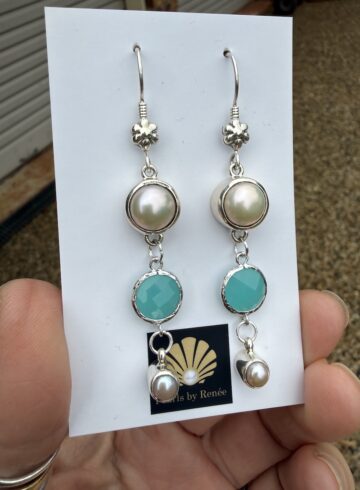 Aqua Blue Crystal/Lustrous Pearl Earrings   #TC4