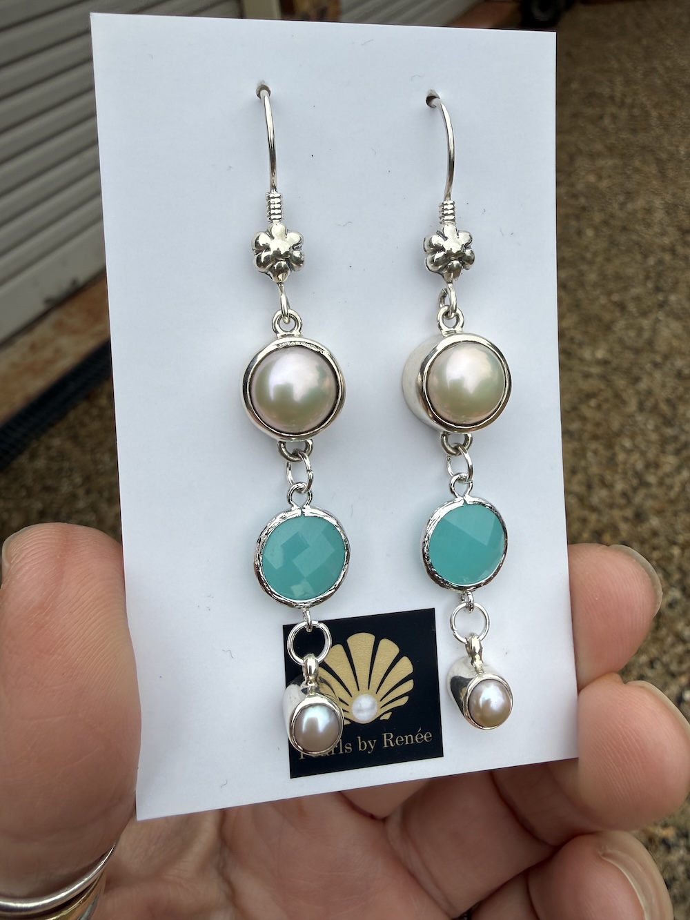 Aqua Blue Crystal/Lustrous Pearl Earrings #TC4