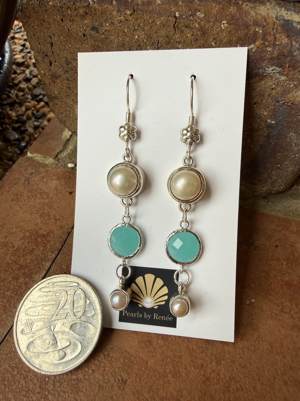 Aqua Blue Crystal/Lustrous Pearl Earrings #TC4 - Image 4
