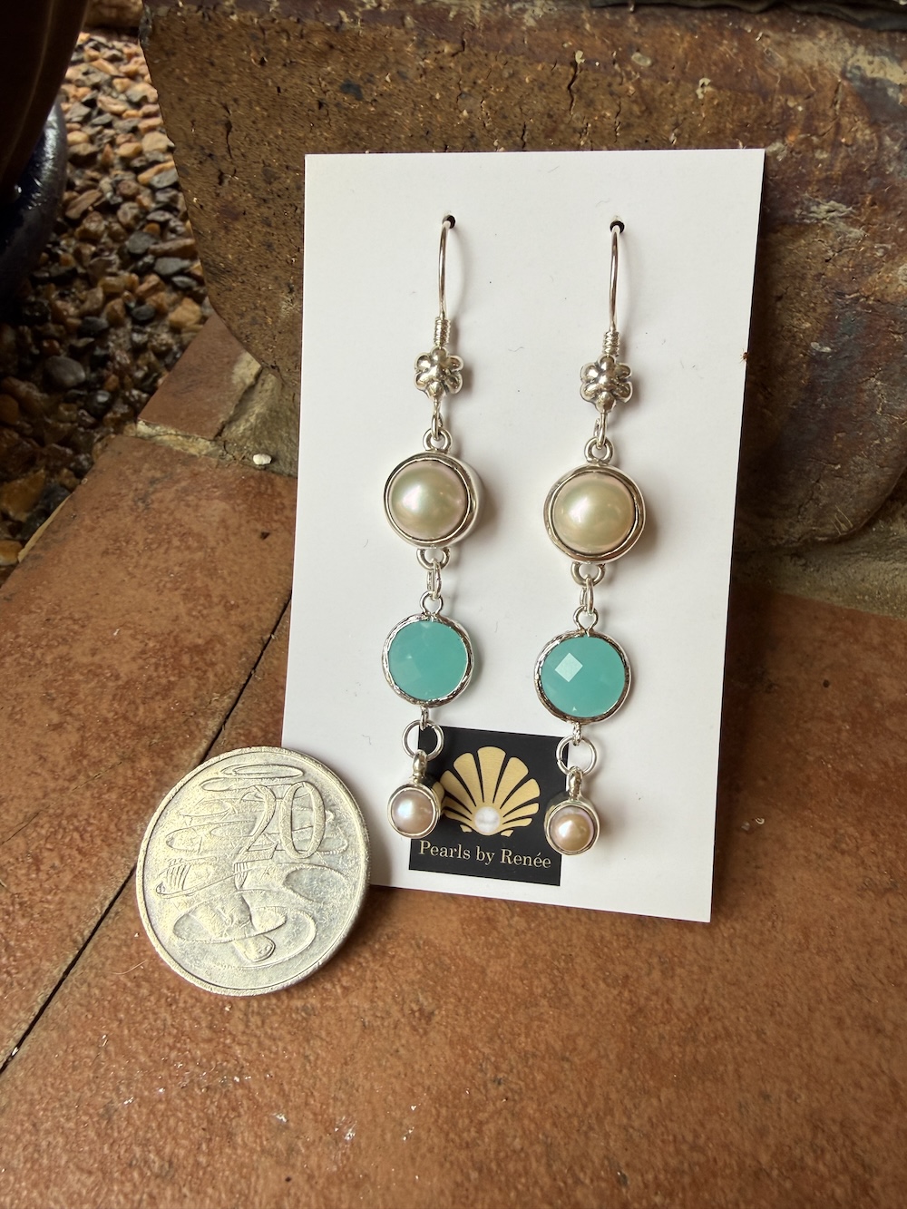 Aqua Blue Crystal/Lustrous Pearl Earrings #TC4 - Image 3