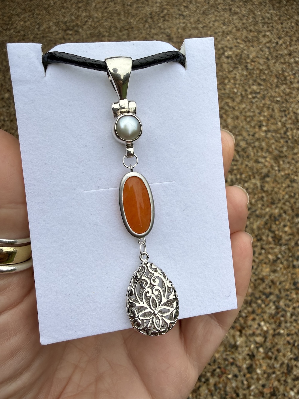 Charming Carnelian Stone/Pearl Pendant-Includes Black Leather Cord! #HHP4 - Image 6