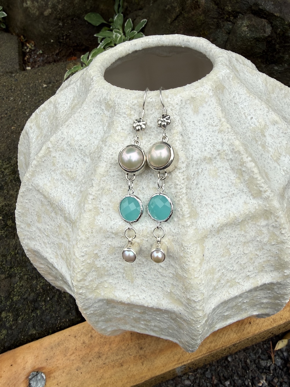 Aqua Blue Crystal/Lustrous Pearl Earrings #TC4 - Image 2