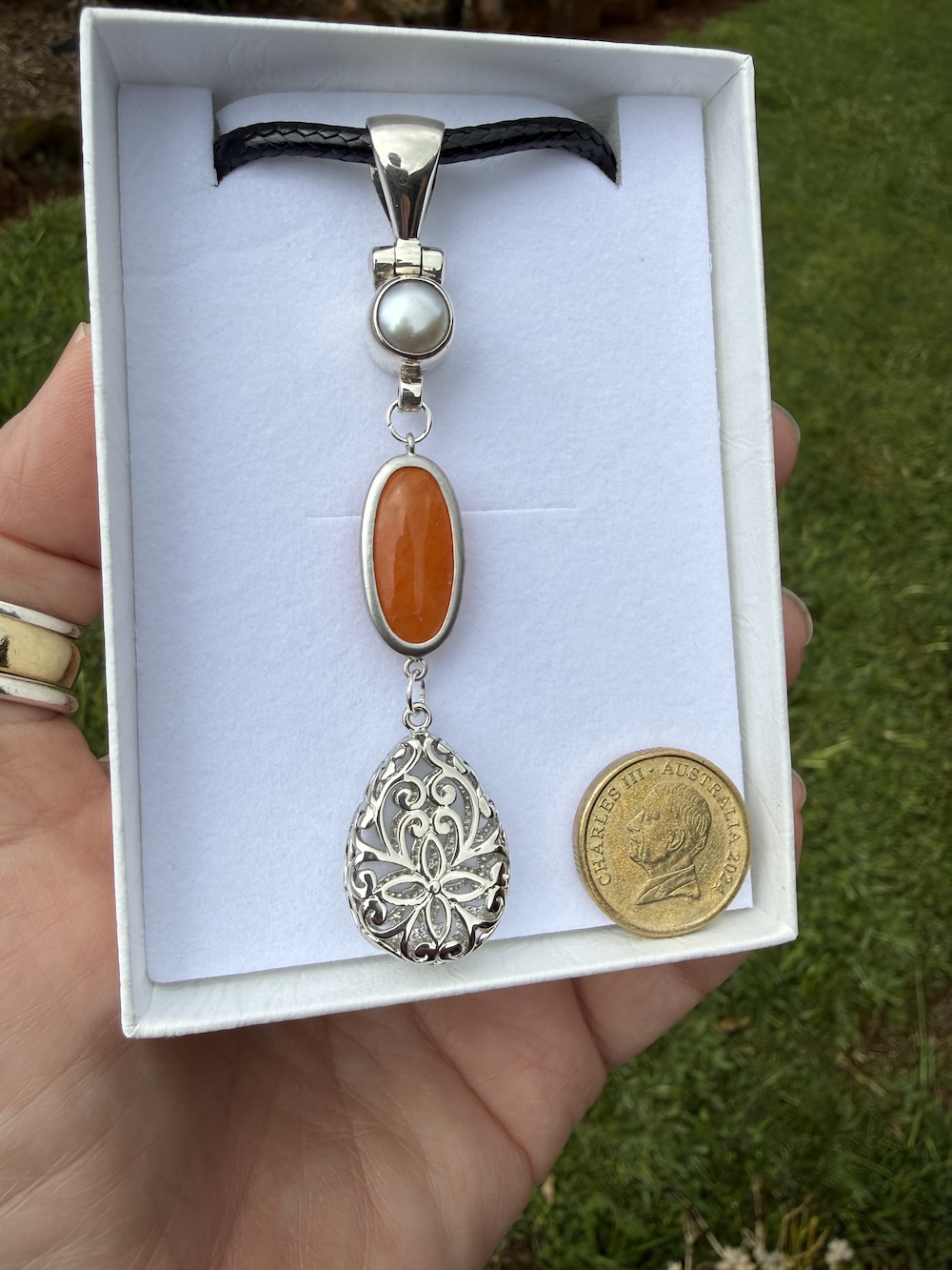 Charming Carnelian Stone/Pearl Pendant-Includes Black Leather Cord! #HHP4 - Image 2