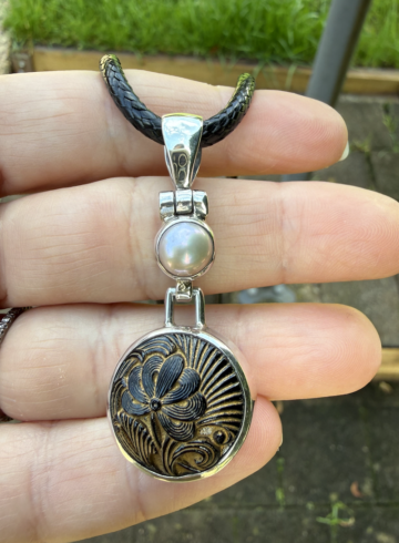 "Petite" Vintage Button & Pearl Pendant-Includes Black Leather Cord!  #PP8